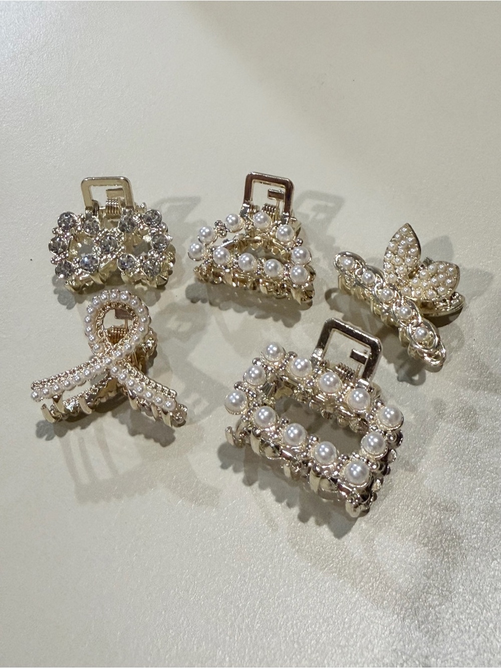New 5 Lot Gold Pearl & Crystal Mini Hair Claw Clip Set - Women Accessories